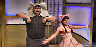 Derrick Truby and Karen Vincent in "Elephant & Piggie: 'We Are In A Play!'" at Adventure Theatre. Photo by Bruce Douglas.