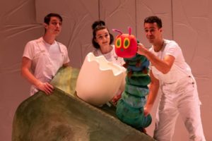L-R: Daniel Glen Westbrook, Emily Whitworth, and Alex Turner in The Very Hungry Caterpillar Show at Imagination Stage. Photo by Margot Schulman.