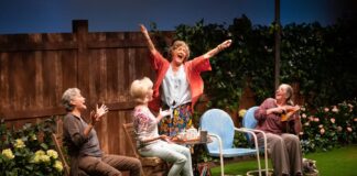 Valerie Leonard as Mrs. Jarrett, Helen Hedman as Sally, Catherine Flye as Vi, and Brigid Cleary as Lena in 'Escaped Alone' at Signature Theatre. Photo by Margot Schulman.