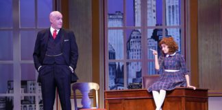 Christopher Sanders as Oliver Warbucks and Kylee Hope Geraci as Annie in 'Annie' at Riverside Center for the Performing Arts. Photo courtesy of Riverside Center for the Performing Arts.