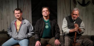 Chris Stinson as Kevin, Matthew Vaky as Dermot, and Joseph Palka as Joe in 'Port Authority' at Quotidian Theatre Company. Photo by Steve LaRocque.