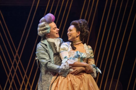 Mozart (Samuel Adams) lovingly teases his fiancee Constanze (Lilli Hokama) in 'Amadeus' at Folger Theatre. Photo by C. Stanley Photography.