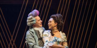 Mozart (Samuel Adams) lovingly teases his fiancee Constanze (Lilli Hokama) in 'Amadeus' at Folger Theatre. Photo by C. Stanley Photography.