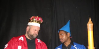King Azaz of Dictionopolis (Dave Buckingham) and the Mathemagician (Wes Dennis) have a disagreement in 'The Phantom Tollbooth' at Greenbelt Arts Center. Photo by Anne Gardner.