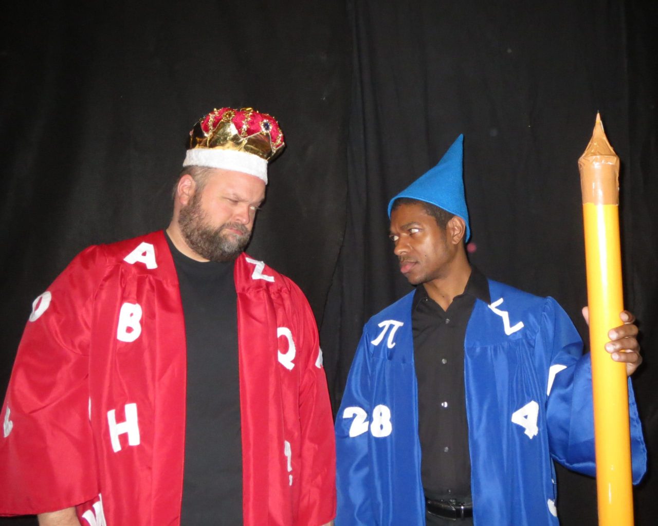 King Azaz of Dictionopolis (Dave Buckingham) and the Mathemagician (Wes Dennis) have a disagreement in 'The Phantom Tollbooth' at Greenbelt Arts Center. Photo by Anne Gardner.