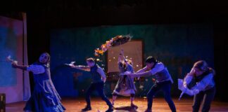 Jordana Hernandez (Finnoughla), Seth Rosenke (Fiachra), Melissa Carter (ensemble), Niusha Nawab (Aed) and Emily Sucher (Conn) in 'The Infinite Tales' by 4615 Theatre Company. Photo by Ryan Maxwell Photography.