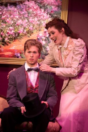 Drew Goins as Monty and Katie Weigl as Sibella Hallward in 'A Gentleman's Guide to Love and Murder' at The Little Theatre of Alexandria. Photo by Matt Liptak.