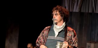 Molly E. Thomas as Gadshill, Lisa Hill-Corley as Mistress Quickly, Ian Blackwell Rogers as Falstaff, and Zach Brewster-Geisz as Bardolph in 'Henry the Fourth, Part 1' at Brave Spirits Theatre. Photo by Claire Kimball.