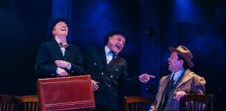Gwen Grastorf, Christopher Walker, and Drew Kopas in 'The 39 Steps' at Constellation Theatre. Photo by Cameron Whitman Photography.