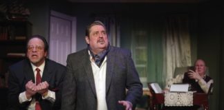 Thom Eric Sinn (David O. Selznick), Fred Nelson (Victor Fleming), and Gene Valendo (Ben Hecht) in 'Moonlight and Magnolias' at Laurel Mill Playhouse. Photo by John Cholod.