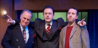 Michael J. Fisher (Victor Fleming), Griffin Voltmann (David O. Selznick), and J.T. Spivy (Ben Hecht) in 'Moonlight and Magnolias' at The Little Theatre of Alexandria. Photo by Brian Knapp.